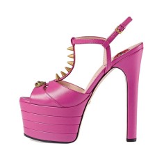 Chunky Heels Platform Peep Toe Rivet Decorated Ankle Buckle T Straps - Rose Red
