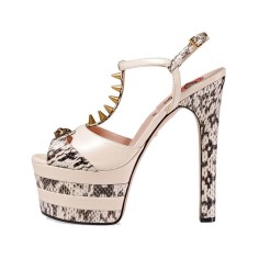 Chunky Heels Platform Rivet Decorated Ankle Buckle T Straps - Snake Skin Beige