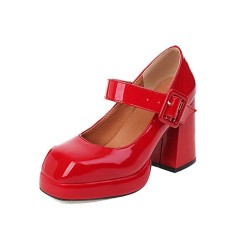 Square High Heels Square Toe Platform Pumps Mary Janes Buckle Strap Patent Sandals - Red