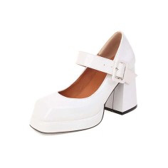 Square High Heels Square Toe Platform Pumps Mary Janes Buckle Strap Patent Sandals - White
