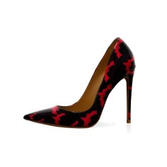 Patent Leather Hallowen Vampire Bat Printed Pointed Toe Stiletto Heels - Black Red 