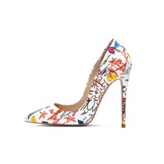 Patent Leather Sketch Doodle Star Pattern Pointed Toe Stiletto Heels - White