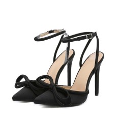 Pointed Toe Bowknot Stiletto Heels Ankle Buckle Straps Sandals - Black Silk