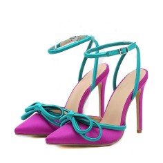 Pointed Toe Bowknot Stiletto Heels Ankle Buckle Straps Sandals - Purple Silk