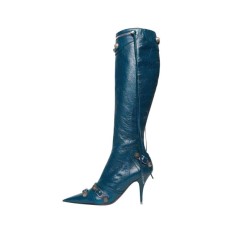 Stiletto Heels Pointed Toe Retro Metal Buckle Zipper Knee High Boots - Blue