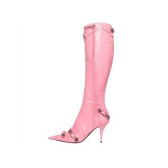Stiletto Heels Pointed Toe Retro Metal Buckle Zipper Knee High Boots - Pink