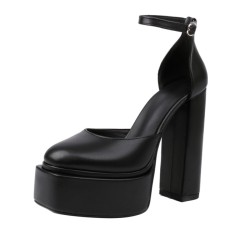 Round Toe Chunky Heels Platforms Ankle Buckle Straps Dorsay Pumps - Black