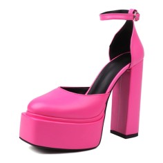 Round Toe Chunky Heels Platforms Ankle Buckle Straps Dorsay Pumps - Rose Red