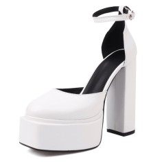 Round Toe Chunky Heels Platforms Ankle Buckle Straps Dorsay Pumps - White