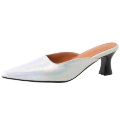 Pointed Toe Kitten Heels Summer Crocodile Print Slippers Sandals  - Silver