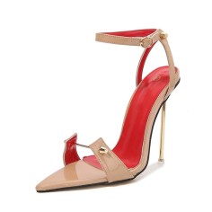 Pointed Open Toe Stiletto Metal Decorated Heels Sandals Pumps - Apricot Tan Patent