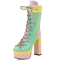 Round Toe Candy Color Lace Up with Zipper Chunky Heels Ankle High Platforms Boots - Green