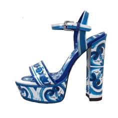 Peep Toe Ankle Buckle Straps Platforms Flower Print Patent Chunkyheels Sandals - Blue
