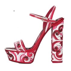 Peep Toe Ankle Buckle Straps Platforms Flower Print Patent Chunkyheels Sandals - Red