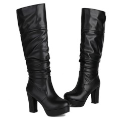 Round Toe Chunky Heels Low Platforms Knee Highs Boots - Black
