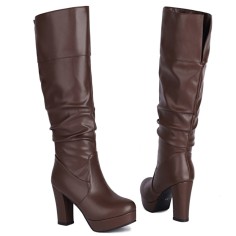 Round Toe Chunky Heels Low Platforms Knee Highs Boots - Brown