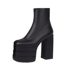 Round Toe Chunky Heels Platforms Ankle Highs Side Zipper Gothic Punk Matte Boots - Black