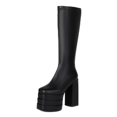 Round Toe Chunky Heels Platforms Knee Highs Side Zipper Gothic Punk Matte Boots - Black