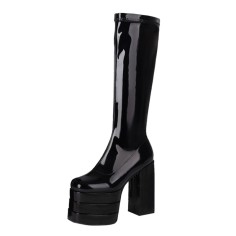 Round Toe Chunky Heels Platforms Knee Highs Side Zipper Gothic Punk Patent Boots - Black