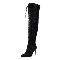 Pointed Toe Stiletto Heels Sequins Glitters Lace Up Over The Knees Side Zipper Boots - Black