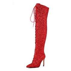 Pointed Toe Stiletto Heels Sequins Glitters Lace Up Over The Knees Side Zipper Boots - Red