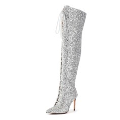 Pointed Toe Stiletto Heels Sequins Glitters Lace Up Over The Knees Side Zipper Boots - Silver