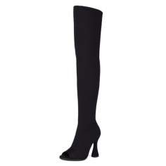 Peep Toe Chunky Heels Over The Knees Side Zipper Flock Sandals Boots - Black
