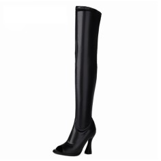 Peep Toe Chunky Heels Over The Knees Side Zipper Matte Sandals Boots - Black