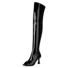 Peep Toe Chunky Heels Over The Knees Side Zipper Patent Sandals Boots - Black