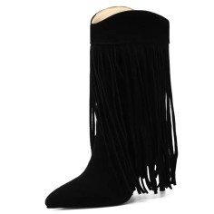 Pointed Toe Stiletto Heels Knee Highs Mid Calf Flock Fringe Western Boots - Black
