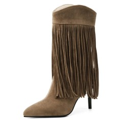Pointed Toe Stiletto Heels Knee Highs Mid Calf Flock Fringe Western Boots - Auburn