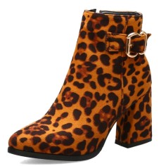 Pointed Toe Chunky Heels Side Zipper Decorated Buckle Straps Ankle Highs Leopard Booties - Auburn