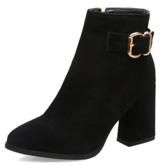 Pointed Toe Chunky Heels Side Zipper Decorated Buckle Straps Ankle Highs Suede Booties - Black