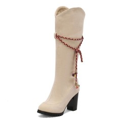 Round Toe Riband Decorated Knee High Chunky Heels Boots - Apricot Tan