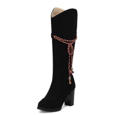 Round Toe Riband Decorated Knee High Chunky Heels Boots - Black