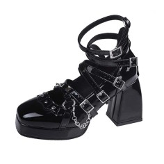 Round Toe Ankle Buckle Straps Punk Gothic Mary Janes Chunky Heels Low Platforms Pumps - Black Patent