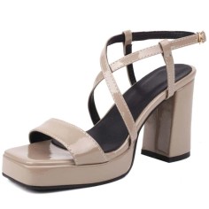 Square Open Toe Cross Ankle Buckle Straps Platforms Chunky Heels Sandals - Apricot Tan Patent
