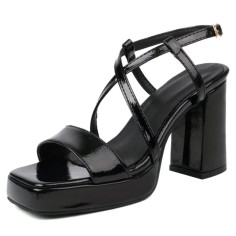 Square Open Toe Cross Ankle Buckle Straps Platforms Chunky Heels Sandals - Black Patent
