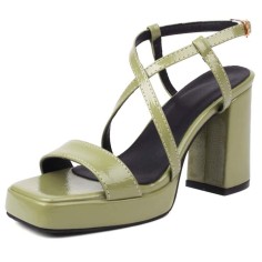 Square Open Toe Cross Ankle Buckle Straps Platforms Chunky Heels Sandals - Green Patent