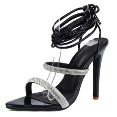 Pointed Open Toe Stiletto Heels Rhinestones Gladiator Straps Sandals - Black Patent
