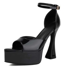 Pointed Open Toe Ankle Buckle Straps Platforms Block Heels Sandals - Black Patent