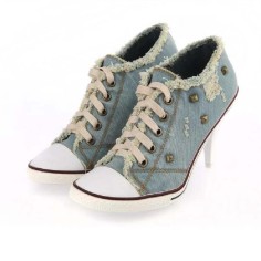 Round Toe Lace Up Stiletto Heels Rivet Decorated Punk Style Sneakers Pumps - LightBlue Denim