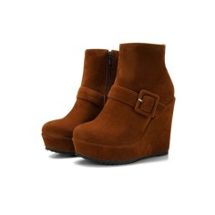 Round Toe Wedges Platforms Buckle Straps Ankle High Booties with Side Zipper - Auburn