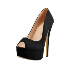 Italian Heels Peep Toe Platform Pumps - Black Suede