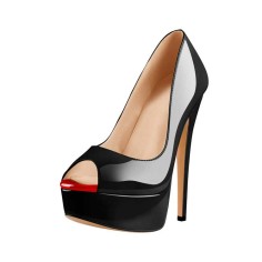 Italian Heels Peep Toe Platform Pumps - Black Patent