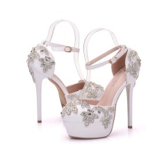 Round Toe Ankle Straps Stiletto Heels Platforms Wedding Pumps - White