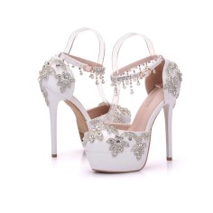 Round Toe Tassel Ankle Straps Stiletto Heels Platforms Wedding Pumps - White