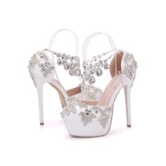 Round Toe Ankle Rhinestones Straps Stiletto Heels Platforms Wedding Pumps - White