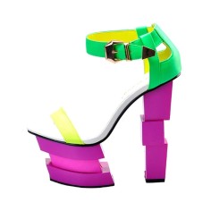 Peep Toe Strange Chunky Heels Ankle Buckle Straps Colorful Platforms Sandals - Neon Yellow