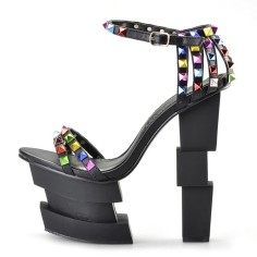 Peep Toe Strange Chunky Heels Ankle Buckle Straps Colorful Rivets Platforms Sandals - Black